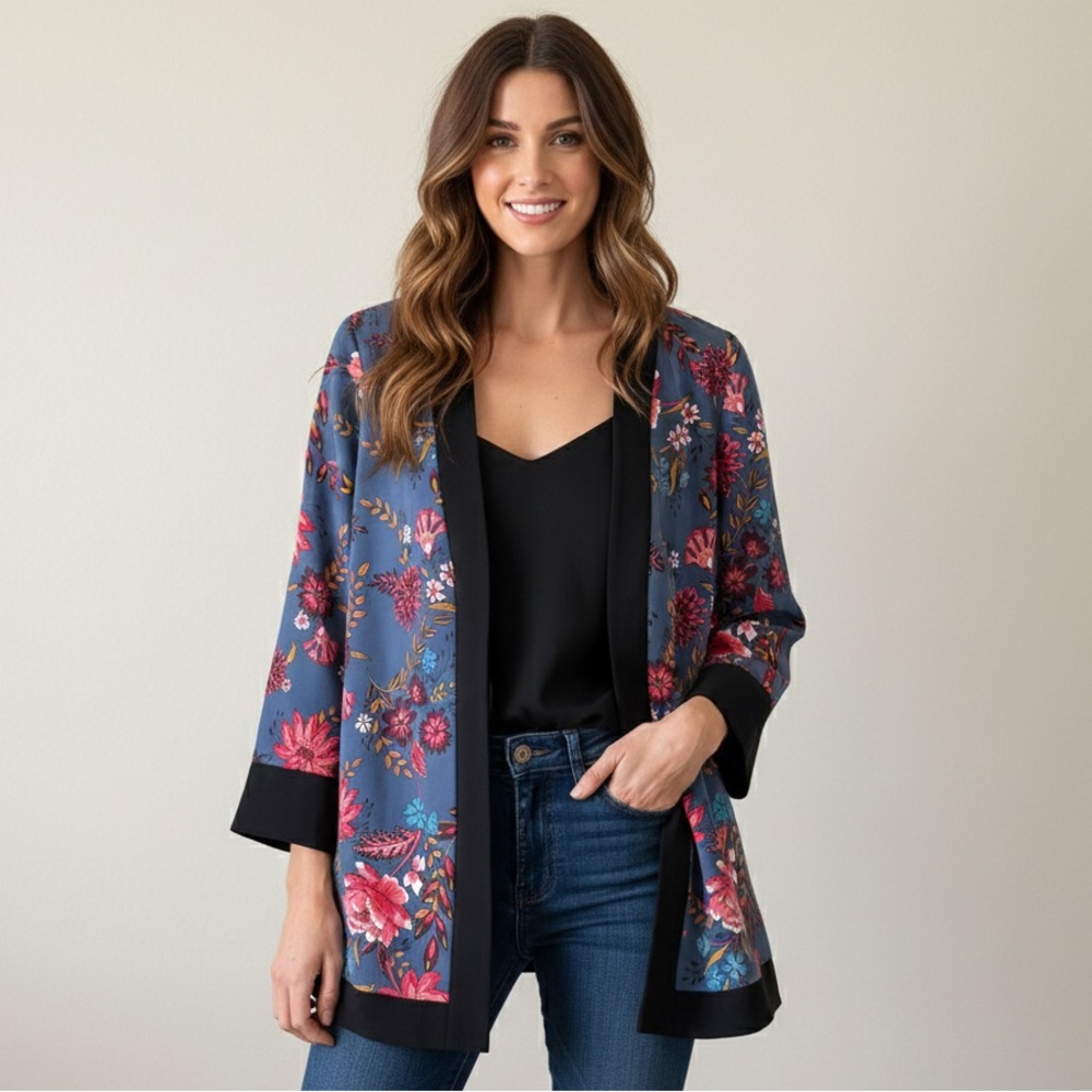 LOFT Blue Floral Open Front Blazer with Black Trim